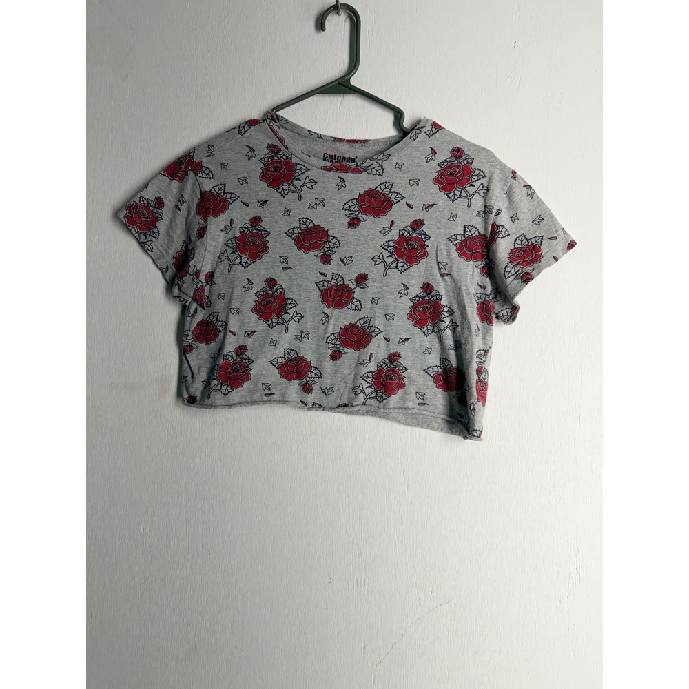 Cuidado con el Perro Rose Floral Crop Top Gray Short Sleeve Boxy Tee Womens M